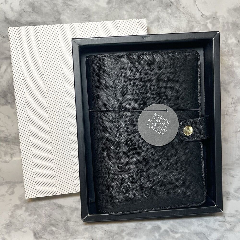 Kikki K Black Leather Personal Planner Medium Gold Snap Organizer New Boxed-READ